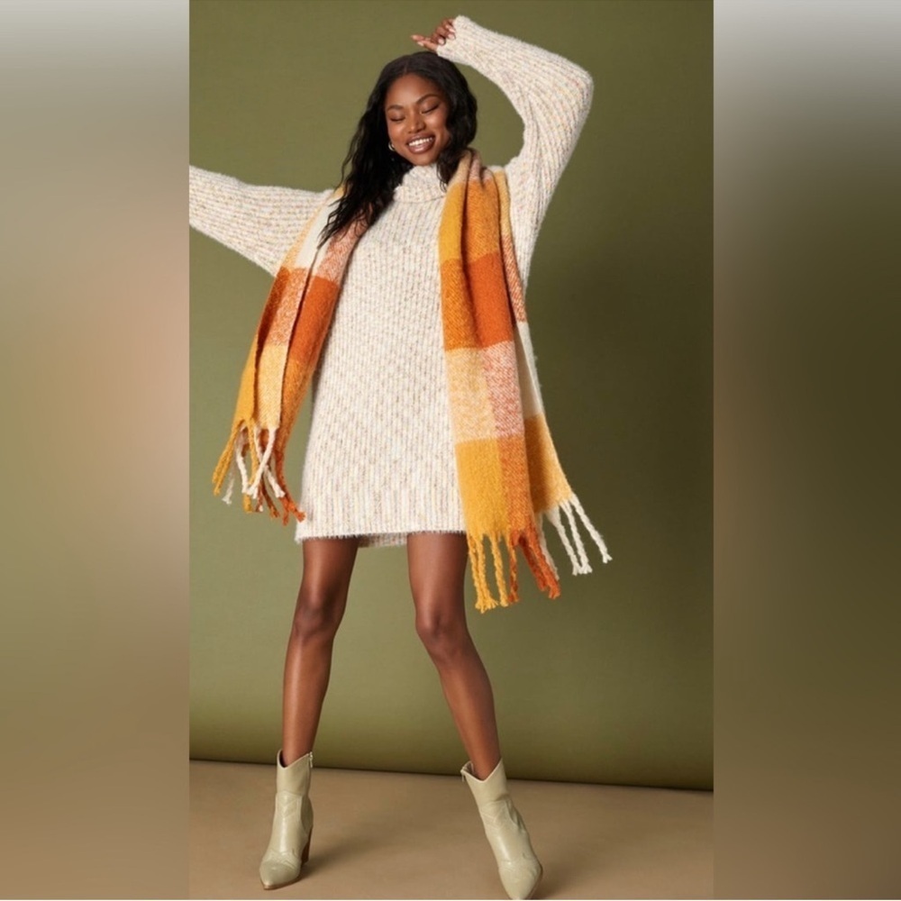 Lulu’s Sweet Whispers Ivory Multi Eyelash Knit Turtleneck Academia Sweater Dress